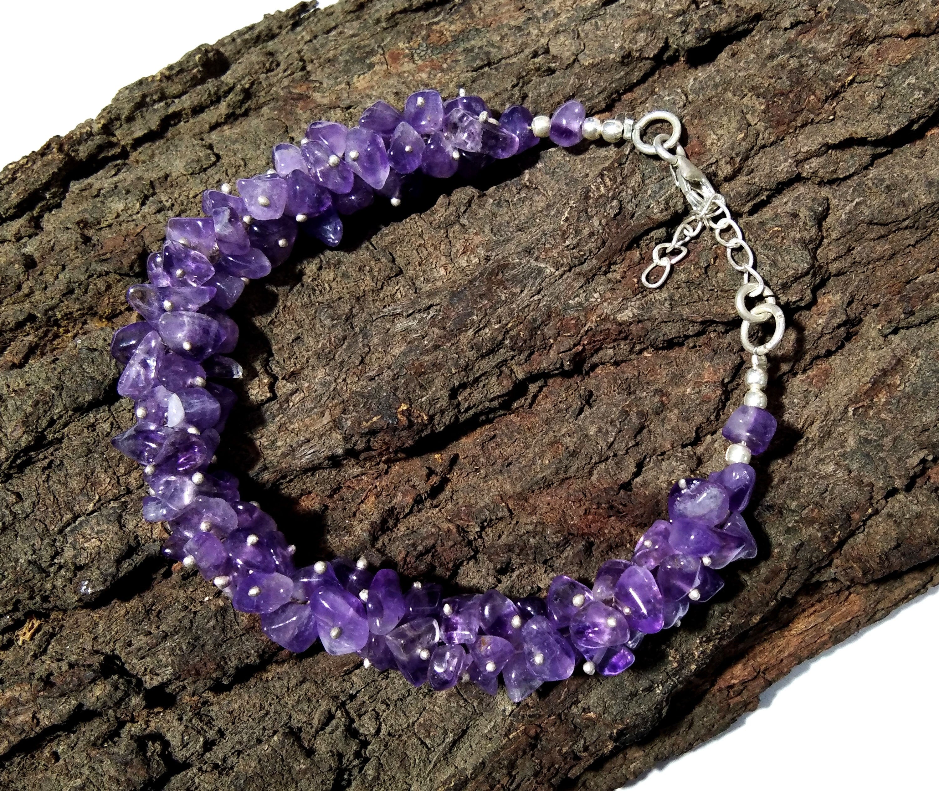 Amethyst Raw With 925 Silver Beaded Bracelet, Rough Crystal Jewelry, Gemstone Bracelet, Anxiety Healing Crystal Bracelet, Birthstone Jewelry